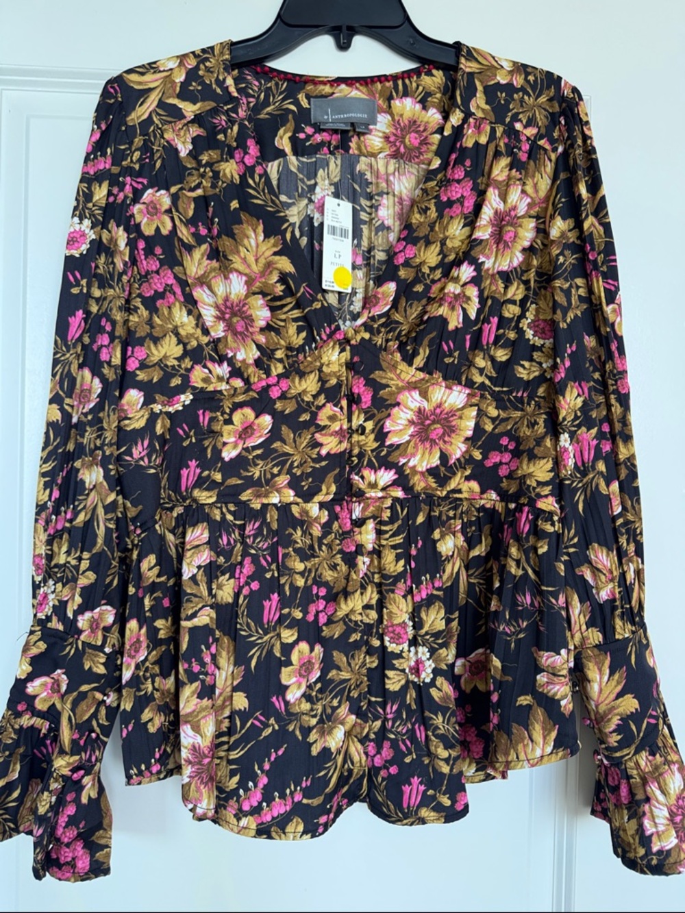 Anthropologie Black Floral Blouse with Pink & Gold Blooms